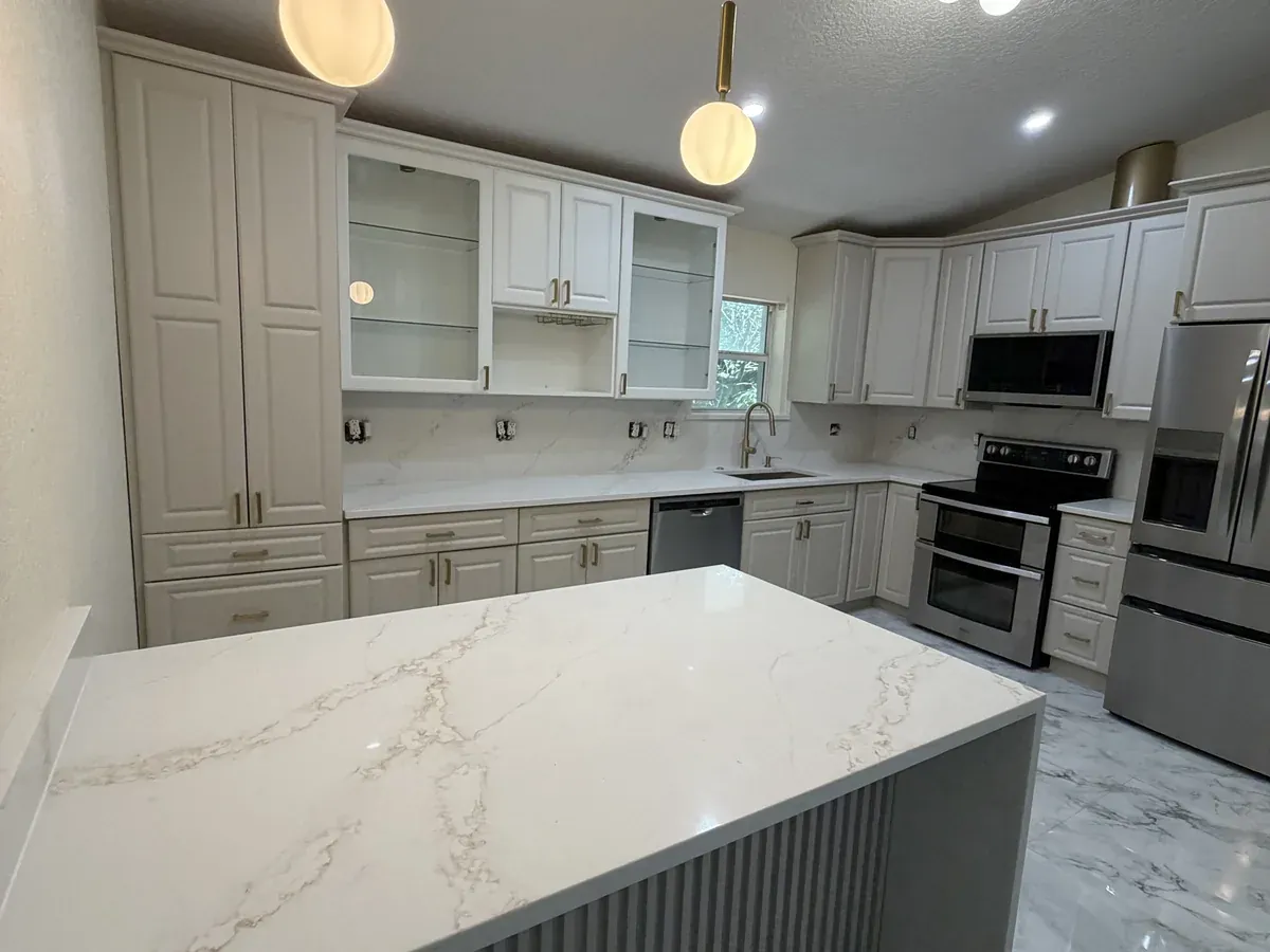 Freshly sprayed kitchen cabinets with a smooth, even finish