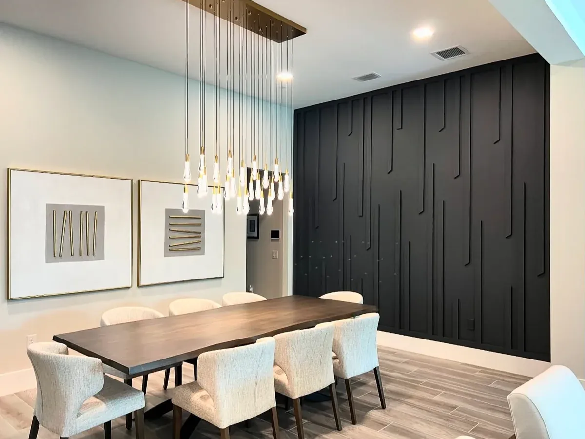 Dining room with a floor-to-ceiling slat feature wall